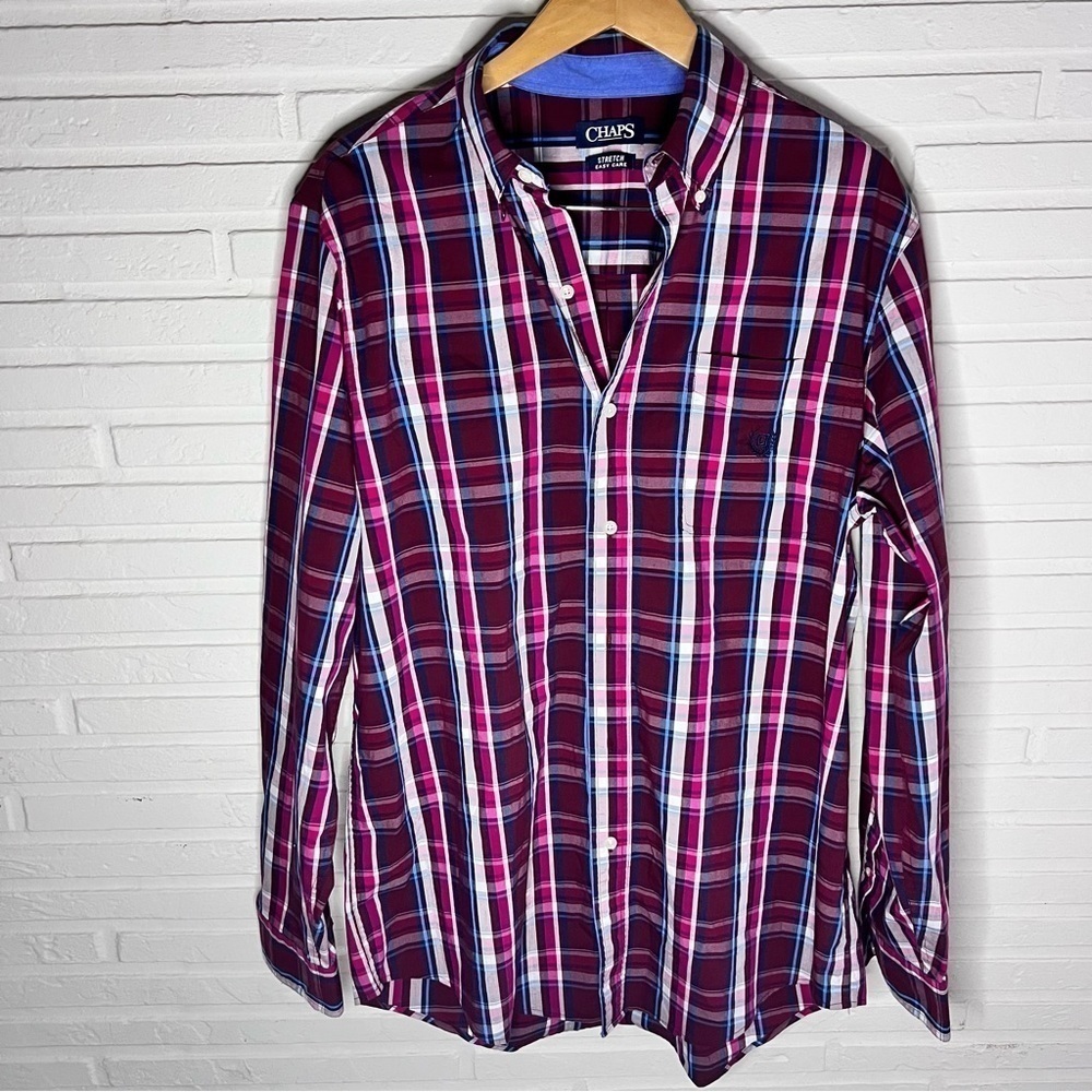 Chaps Red and Blue Long Sleeve Plaid Button Down Shirt, Men’s Size Large